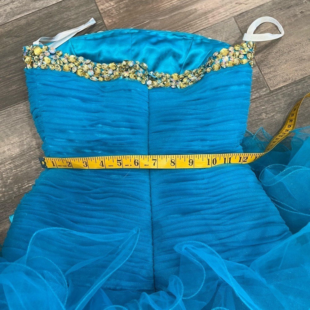 sherri hill 2326 Turquoise size 2 cocktail dress bow Rhinestone Flounce Ruffle - Picture 14 of 15